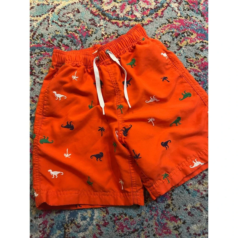 Hanna Andersson Swim Trunks Orange Dinosaur Palm Tree Embroidered Boys bin B‎